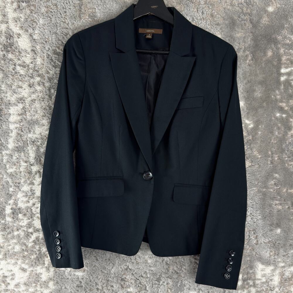 Merona Size 2 Wool Career Notched Blazer Jacket Black Single Button Long Sleeve